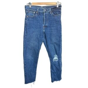 Levi's Wedgie Straight High-rise Jeans Medium Wash Distressed Hem & Knee